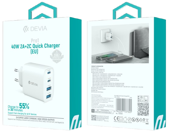 DEVIA CARGADOR PRO1 QC 40W 2 USBa / 2 USBc