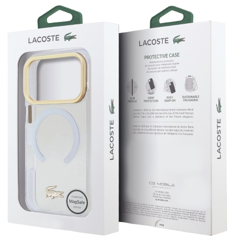 LACOSTE CARCASA MAGSAFE SHOCKPROOF IPHONE 17 PRO DORADO/BLANCO