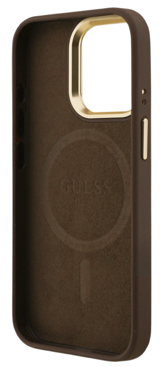 GUESS CARCASA MAGSAFE TRIANGLE 4G SOPORTE CAMARA IPHONE 15 PRO MARRON