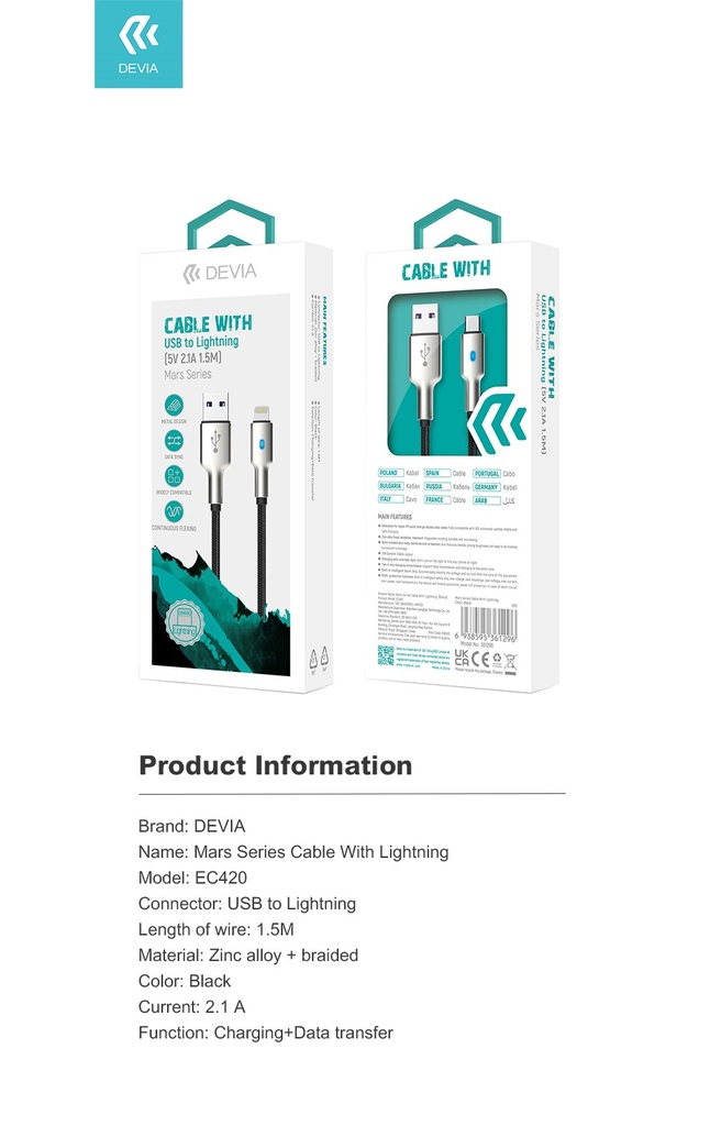 DEVIA cable MARS TIPO LIGHTNING NEGRO