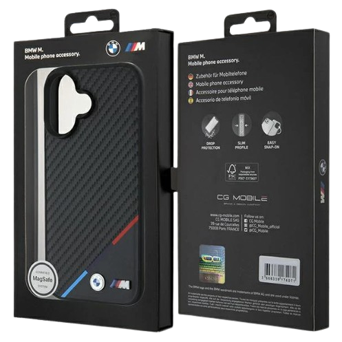 BMW CARCASA MAGSAFE CARBON TRICOLOR IPHONE 16 PLUS NEGRO