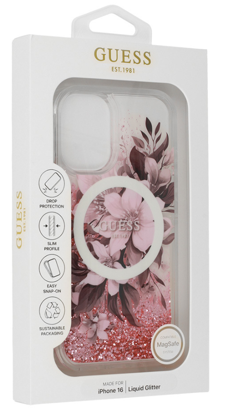 GUESS CARCASA MAGSAFE LIQUID GLITTER FLOWER IPHONE 16 ROSA