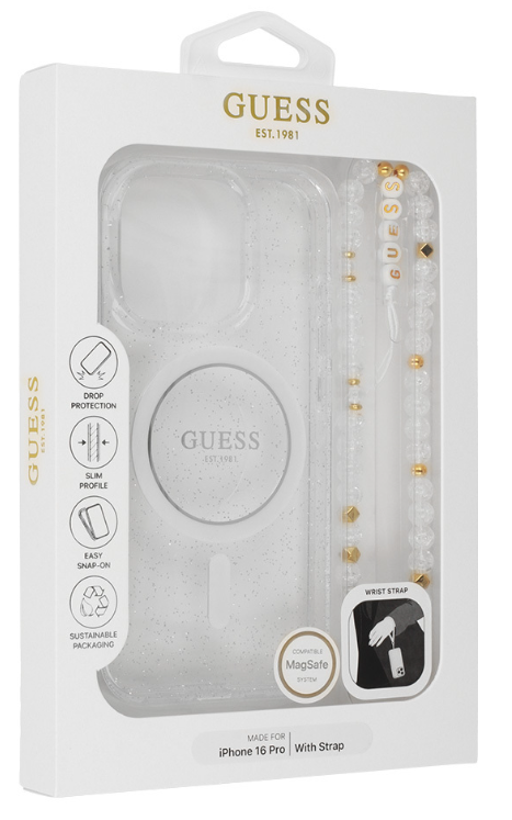 GUESS CARCASA MAGSAFE GLITTER PEARL STRAP IPHONE 16 TRANSPARENTE