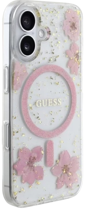 GUESS CARCASA MAGSAFE FLOWERS & GLITTER IPHONE 16 ROSA