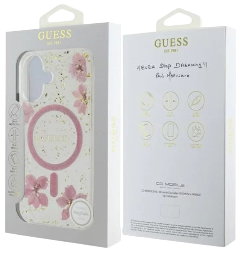 GUESS CARCASA MAGSAFE FLOWERS & GLITTER IPHONE 16 ROSA
