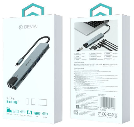 DEVIA HUB 8 EN 1 TIPO C HDMI/ USBx2/ PD 100W/ SD/ ETHERNET GRIS