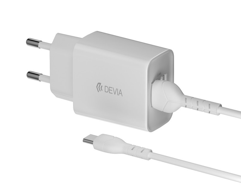 DEVIA cargador DUAL USB 2.4A FAST CHARGE mas cable tipo C blanco