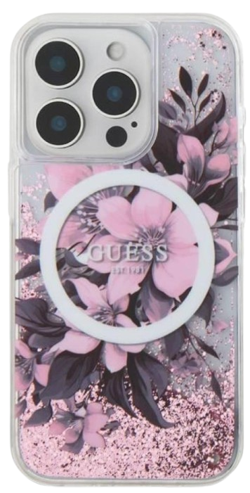GUESS CARCASA MAGSAFE LIQUID GLITTER FLOWER IPHONE 16 ROSA