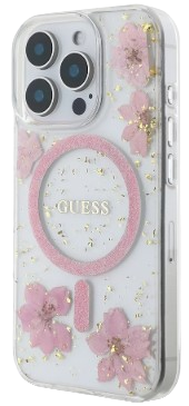 GUESS CARCASA MAGSAFE FLOWERS & GLITTER IPHONE 16 PRO ROSA