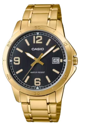 CASIO RELOJ MTP-V004G-1B ESFERA NEGRA / CORREA DORADA